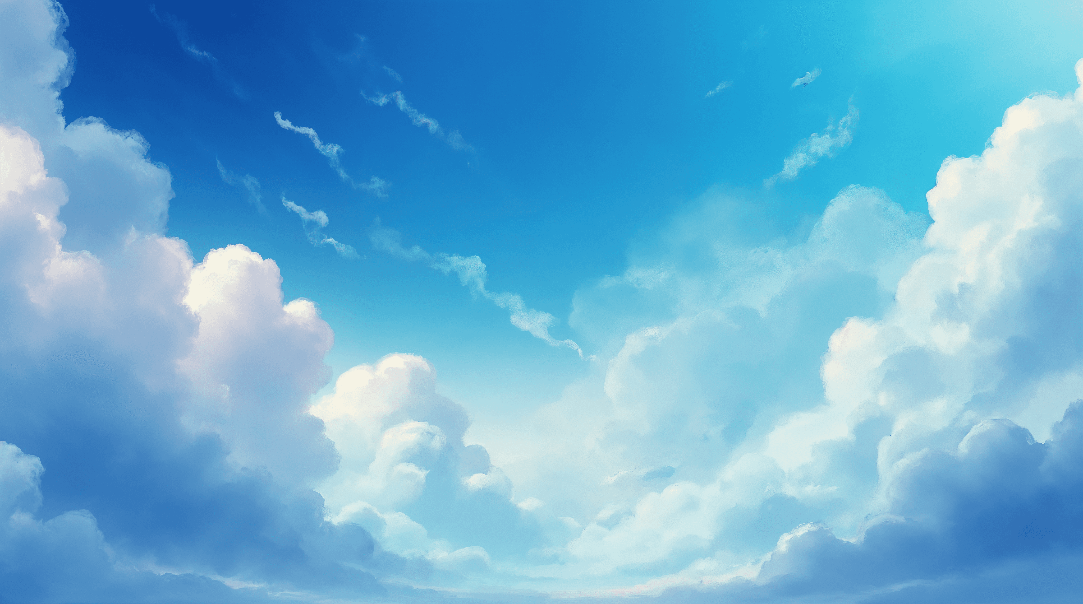 Bright blue sky with soft white clouds.