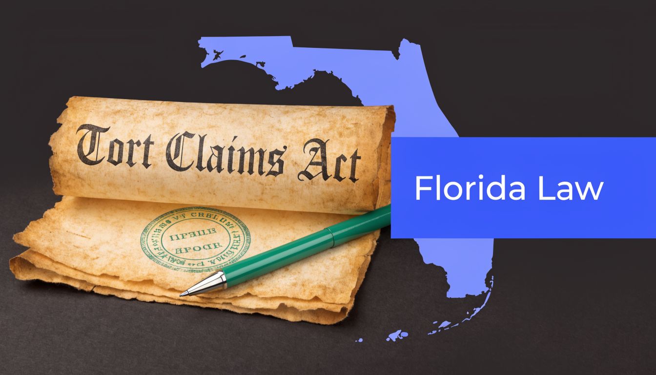 An antique scroll labeled Tort Claims Act displayed in front of a blue silhouette of Florida.
