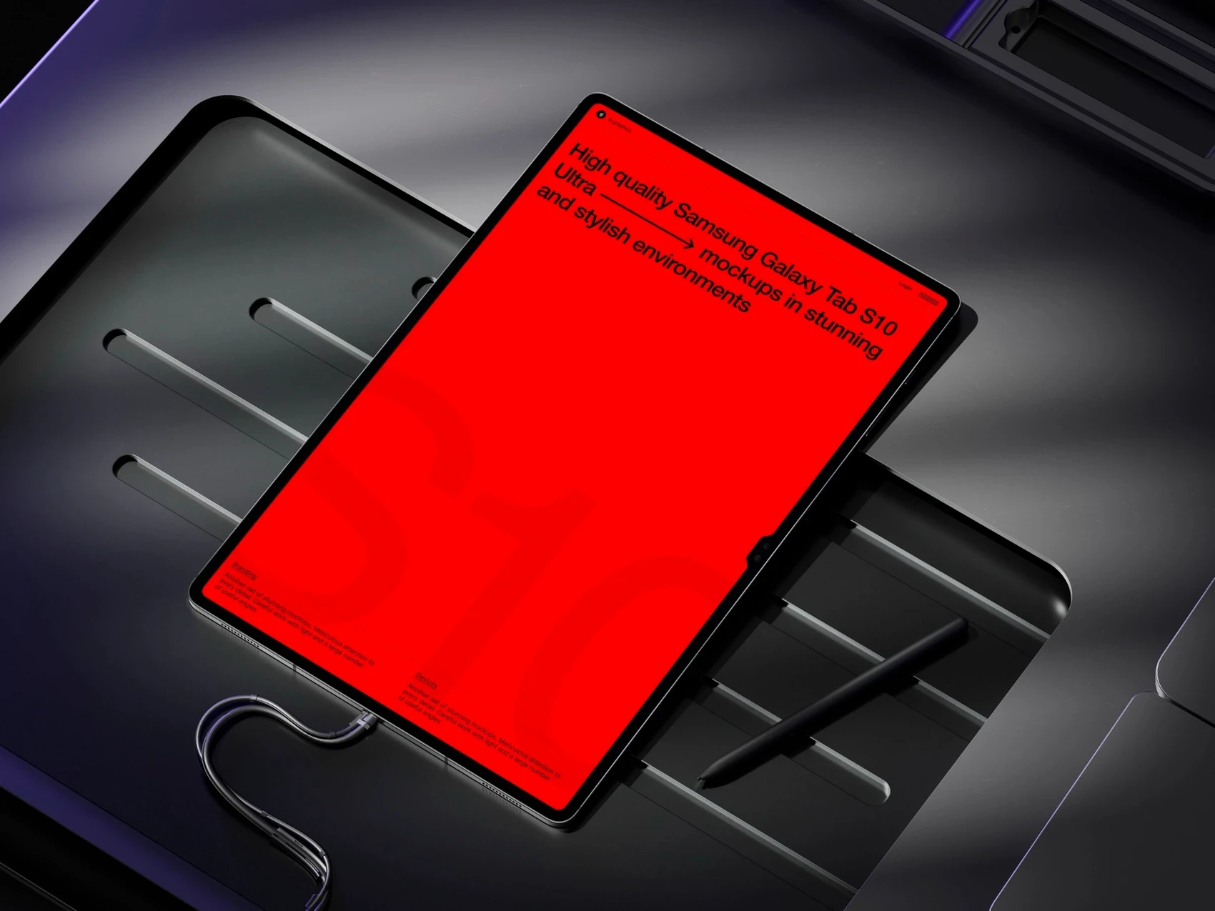 Vertical LCD digital signage mockup standing against a split red and black background