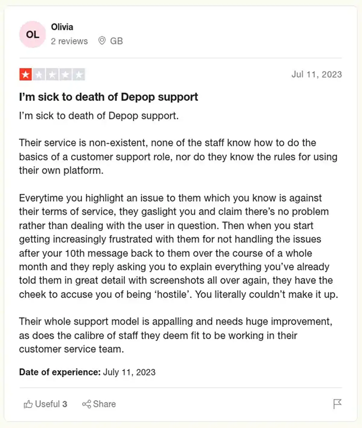 Depop Trustpilot Negative Review