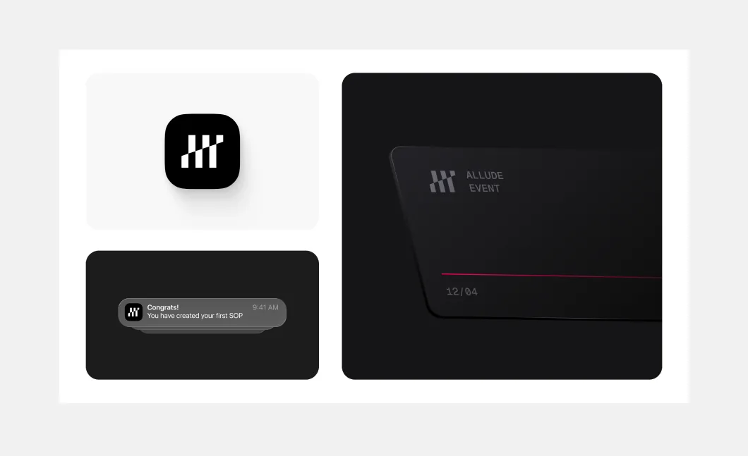 Allude app icon and dark business cards