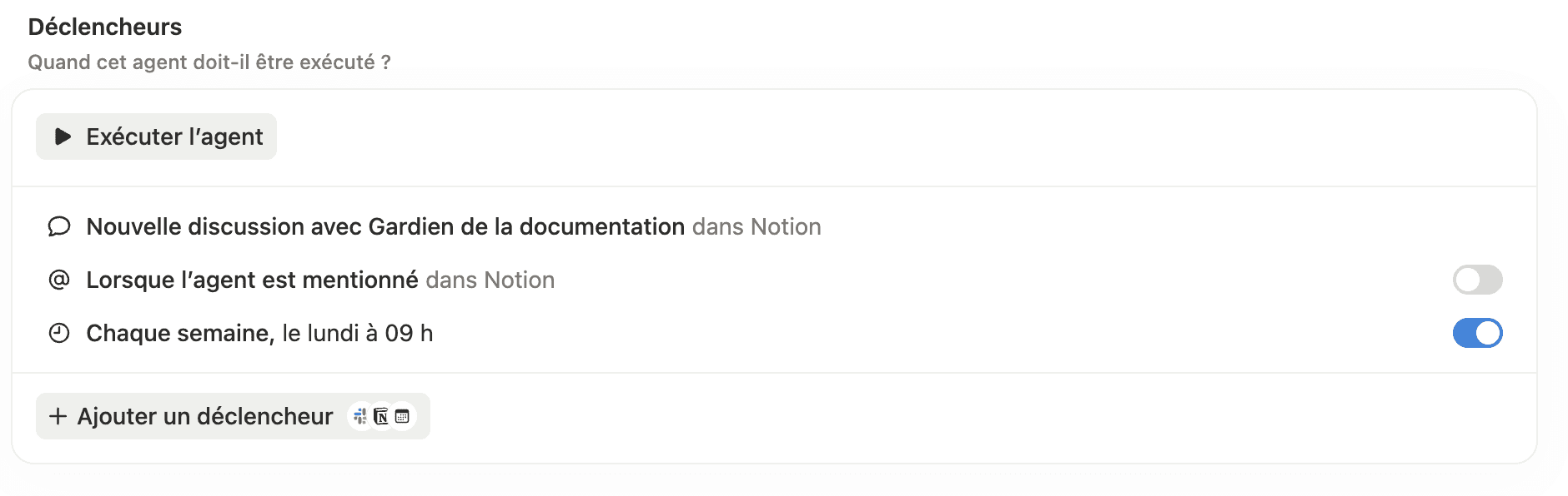 Configuration du déclencheur hebdomadaire de l'Agent IA sur Notion