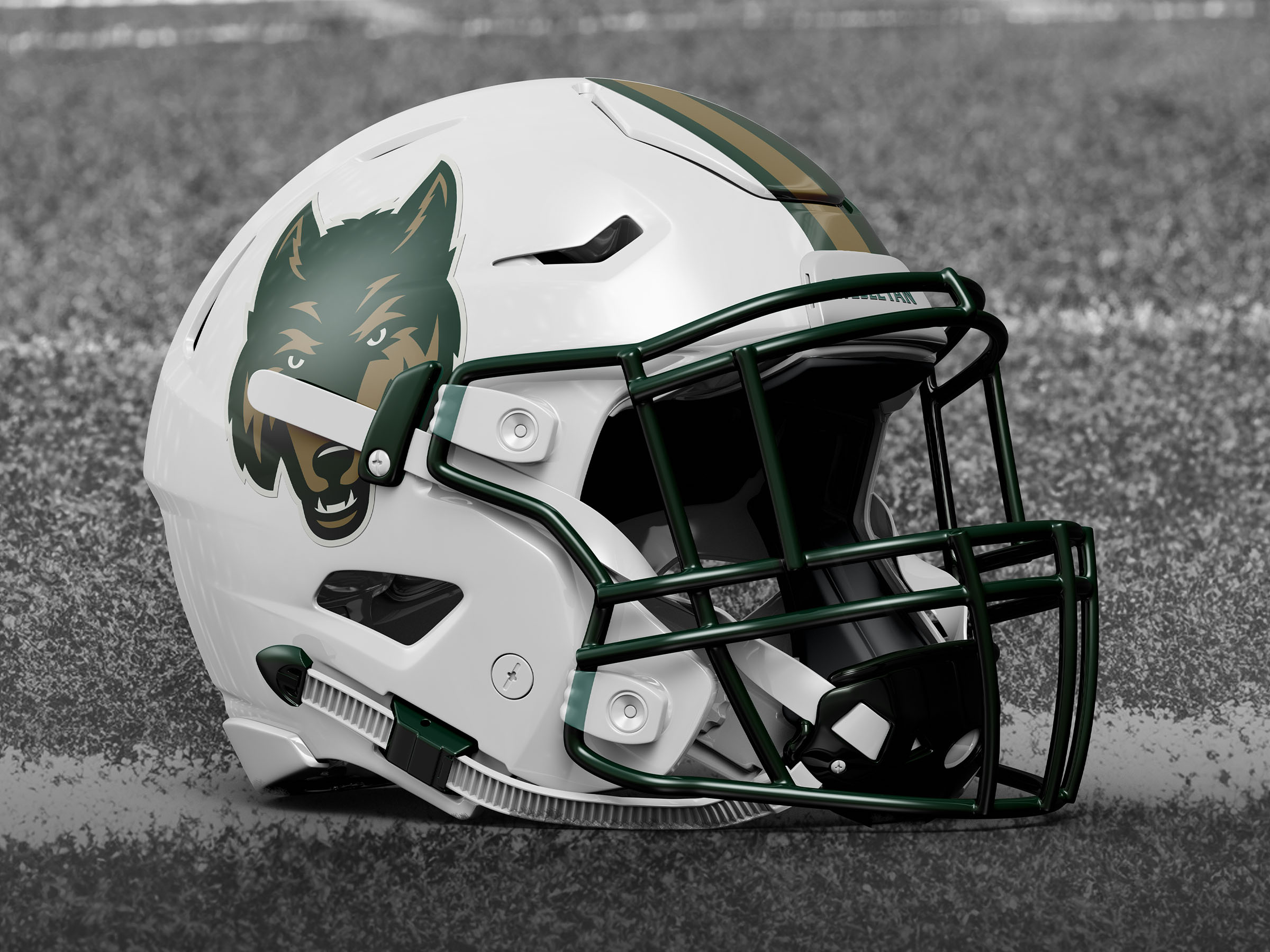 Wesleyan Wolves wolf head logo on white football helmet.
