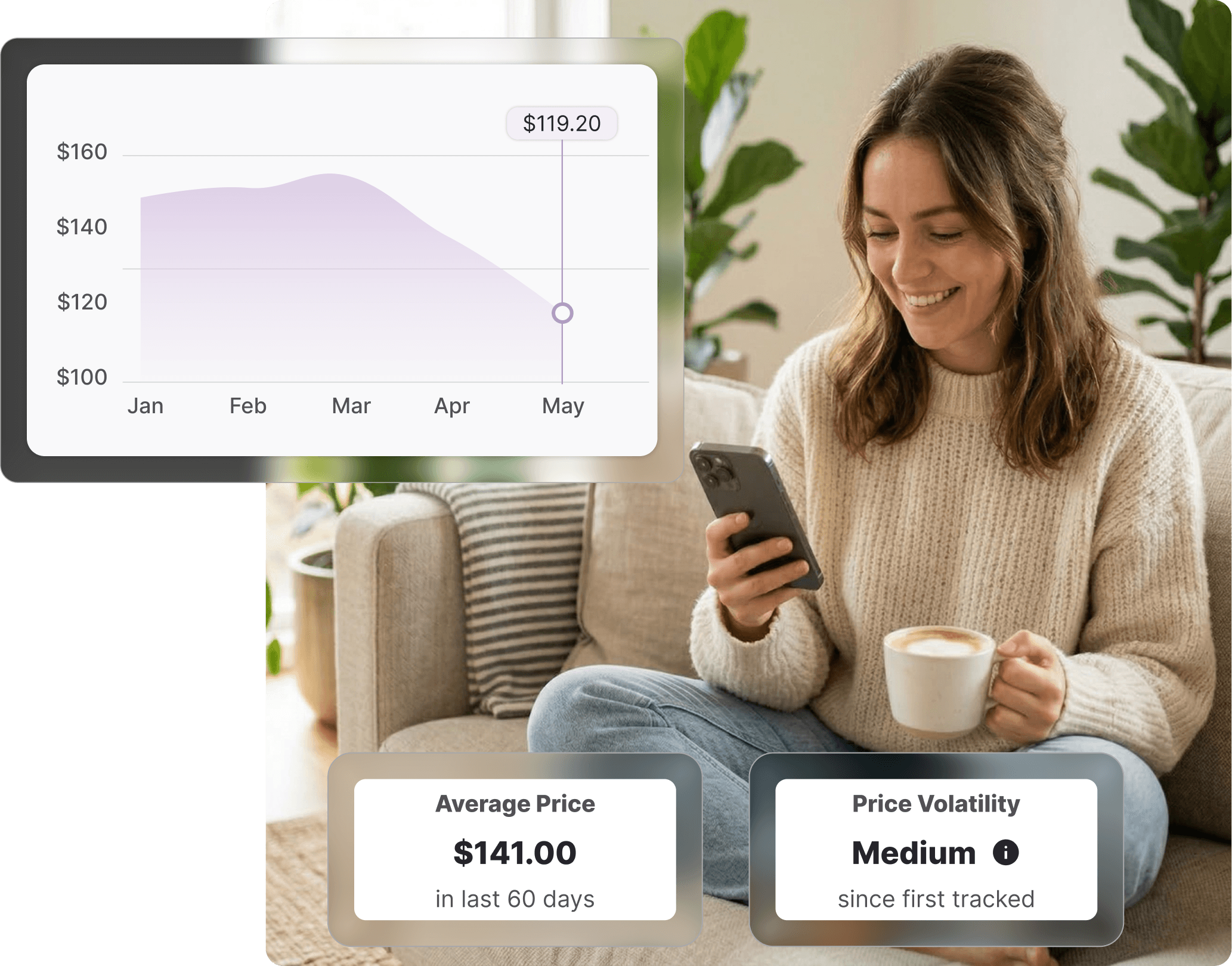 Woman sitting cross-legged on a couch holding a coffee cup and checking her phone, viewing David Jones price history on Whisprice, with a price chart showing a drop to $119.20 overlaid on the left.