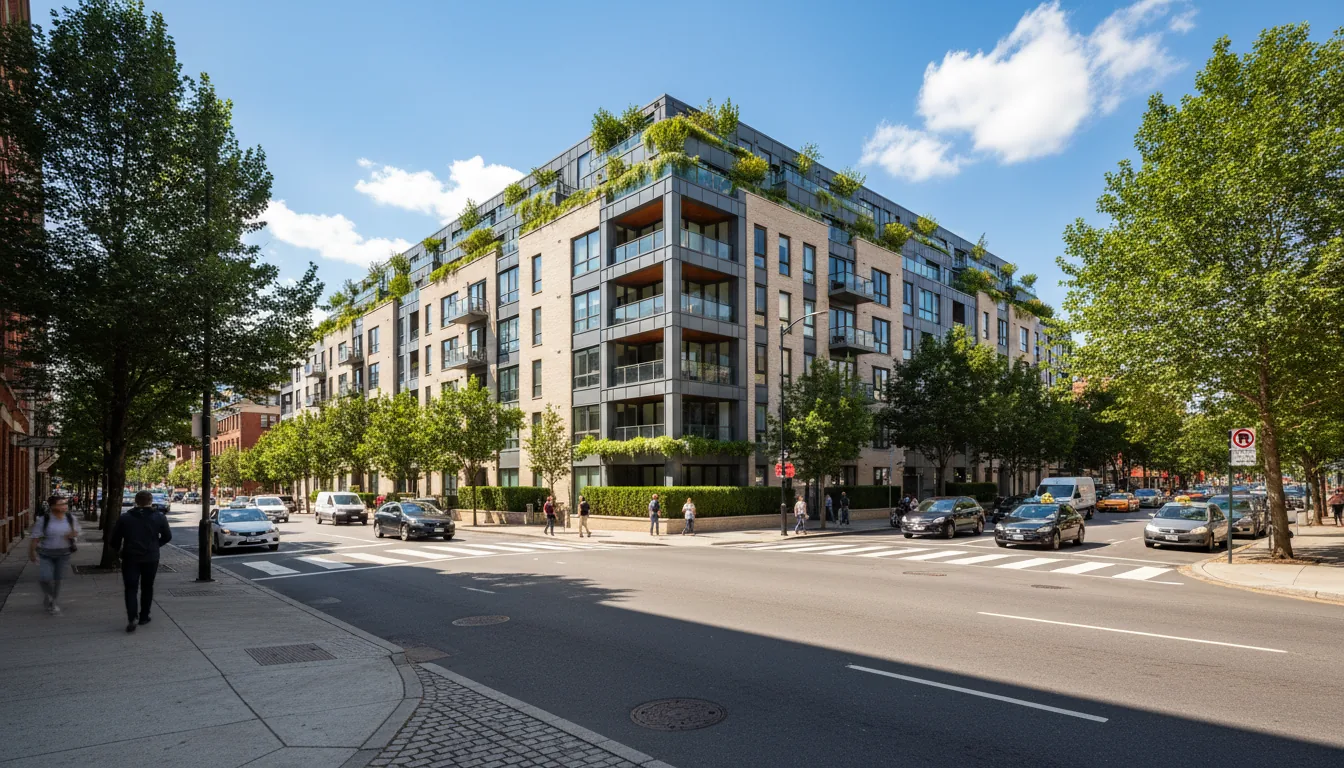 Photorealistic architectural visualization, wide-angle DSLR shot of a modern mixed-use apartment complex on a bustling urban street corner. The building features a facade of light-colored brick with dark gray metal accents, inset balconies, and rooftop terraces with planters. The scene is captured in bright, natural daylight, creating crisp shadows on the street below. The foreground shows a cobblestone-trimmed sidewalk and an asphalt road with a crosswalk. Pedestrians, some with motion blur to indicate movement, and cars populate the lively street scene. Lush, green trees and manicured bushes frame the composition against a bright blue sky with scattered white clouds.