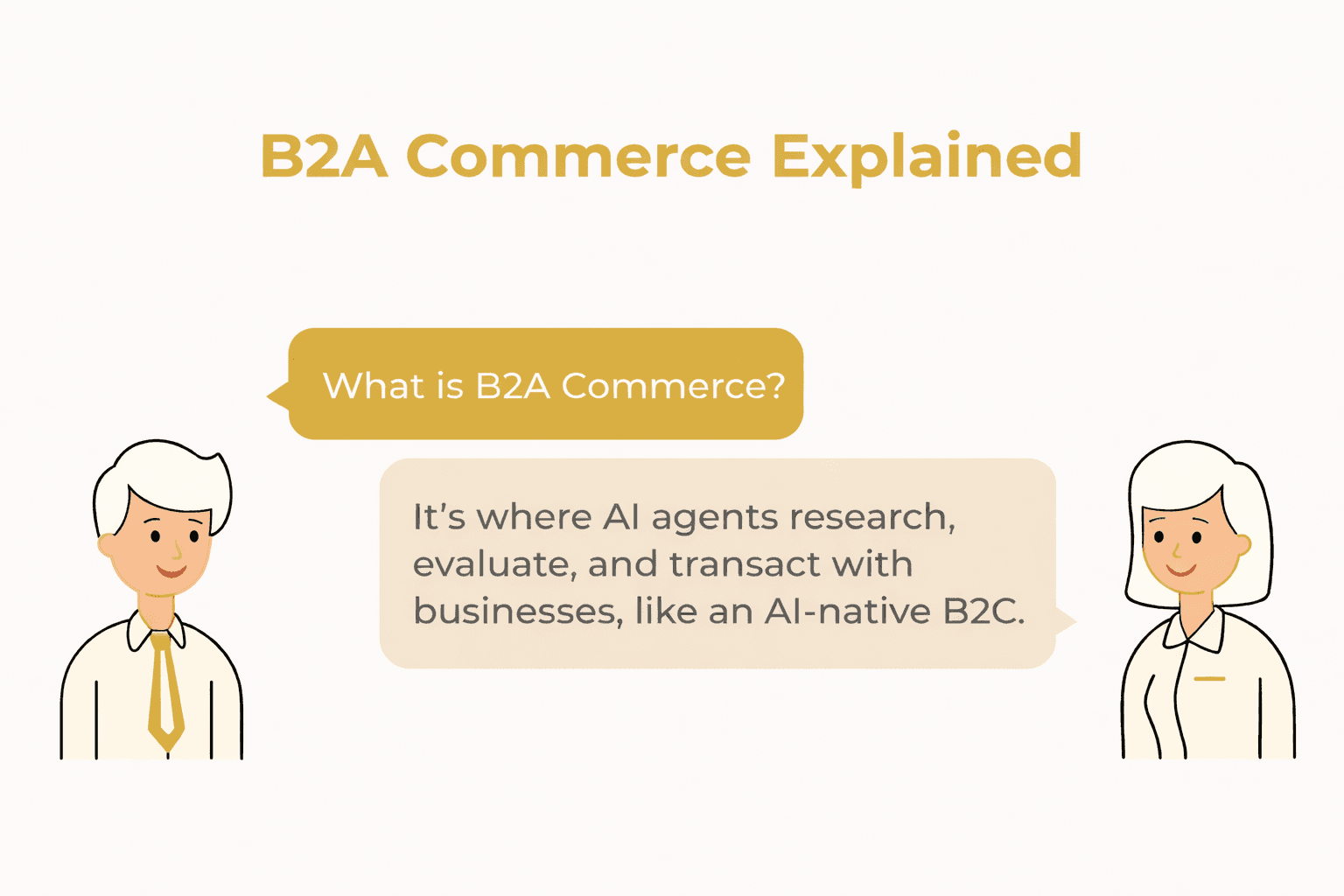 Illustration explaining B2A commerce as AI agents researching, evaluating, and transacting with businesses in a conversational interface.