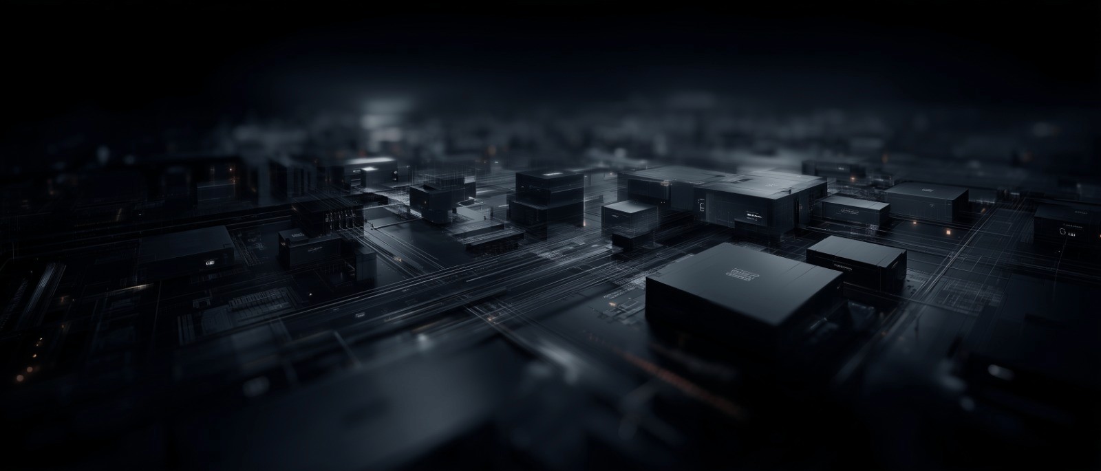 Dark, futuristic digital landscape of interconnected black server-like blocks on a glowing circuit-grid, representing advanced technology infrastructure or data systems.