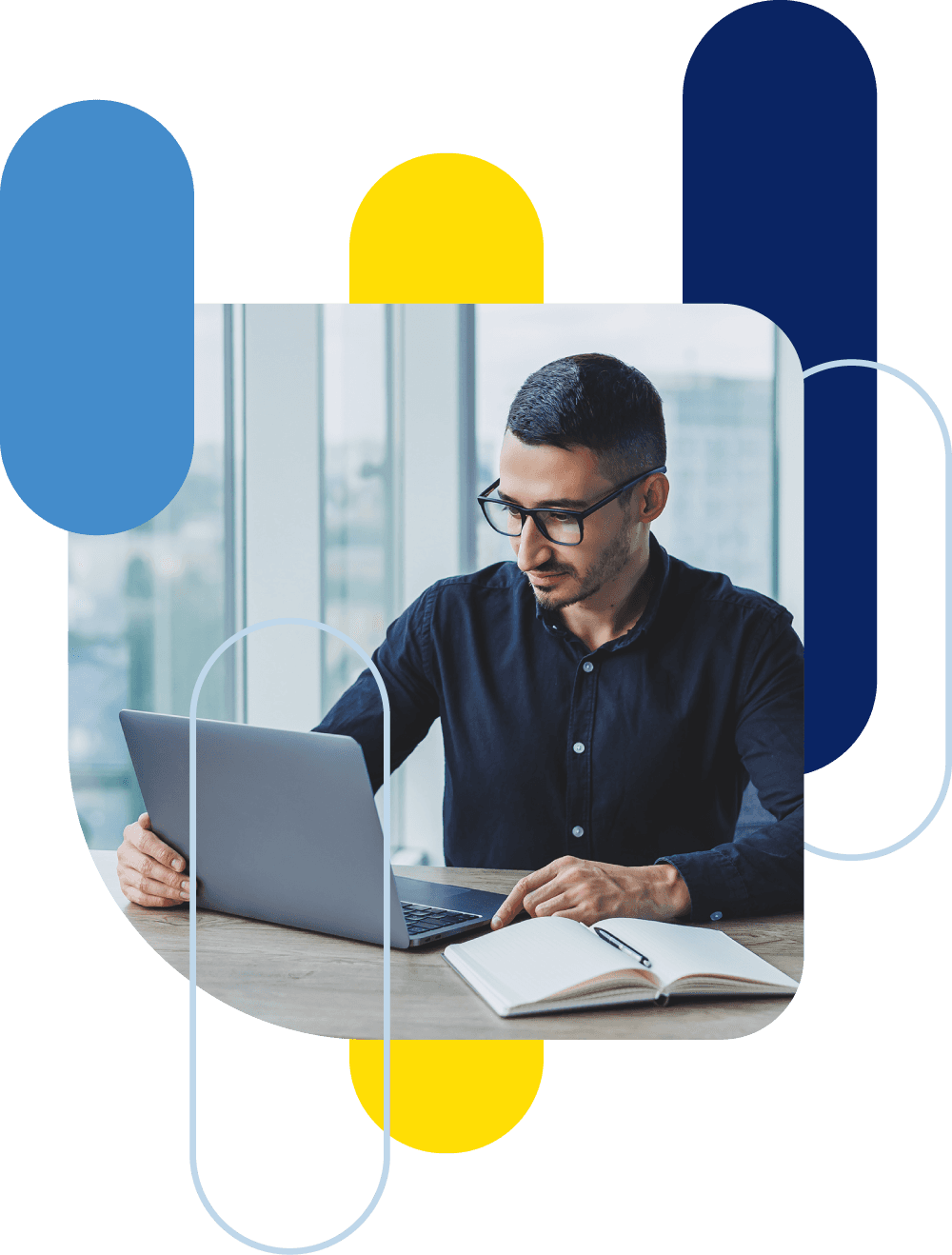 Amazon business consultancy expert wearing glasses, working on a laptop to develop an e-commerce strategy, surrounded by abstract blue and yellow graphic elements.