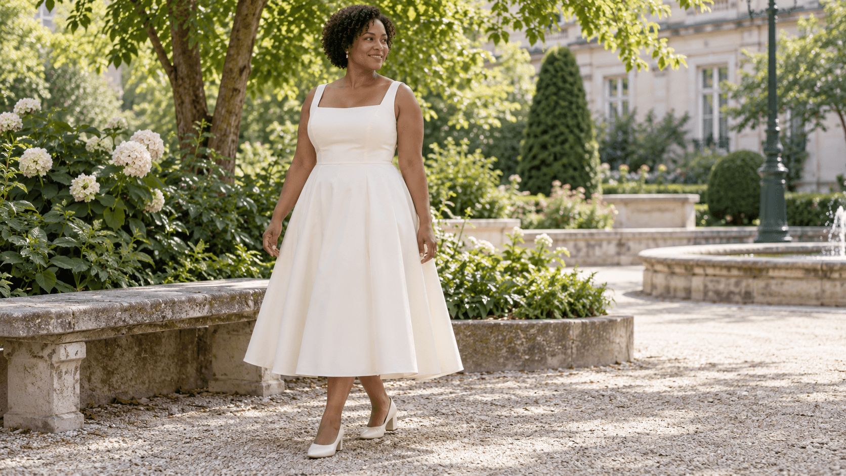 Robe midi évasée ivoire à encolure carrée et taille marquée, portée dans un jardin.
