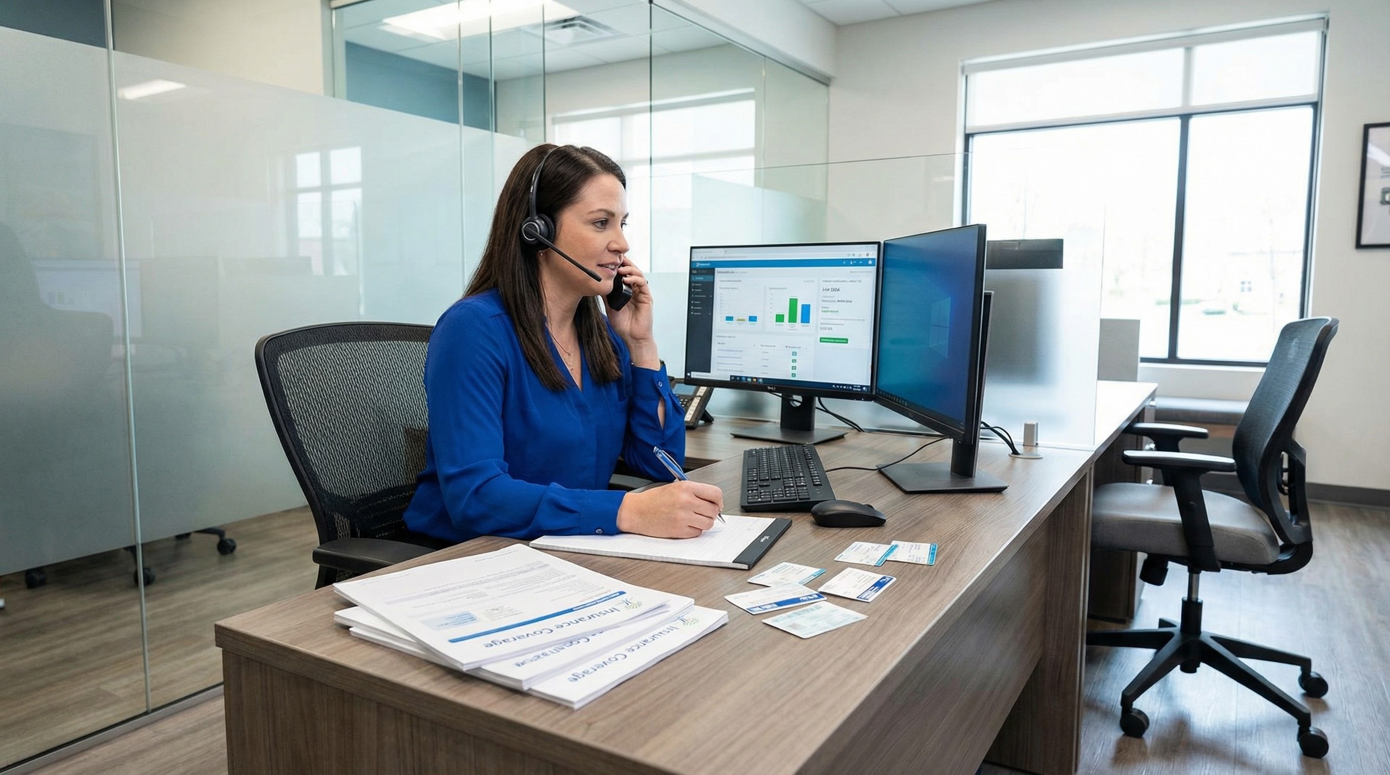 Dental office staff verifying patient insurance coverage and benefits through insurance company communication