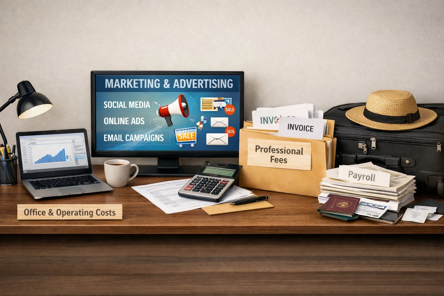 Infographic-style layout showing deductible business expenses, including office costs, marketing visuals, professional invoices, payroll envelopes, and travel receipts.