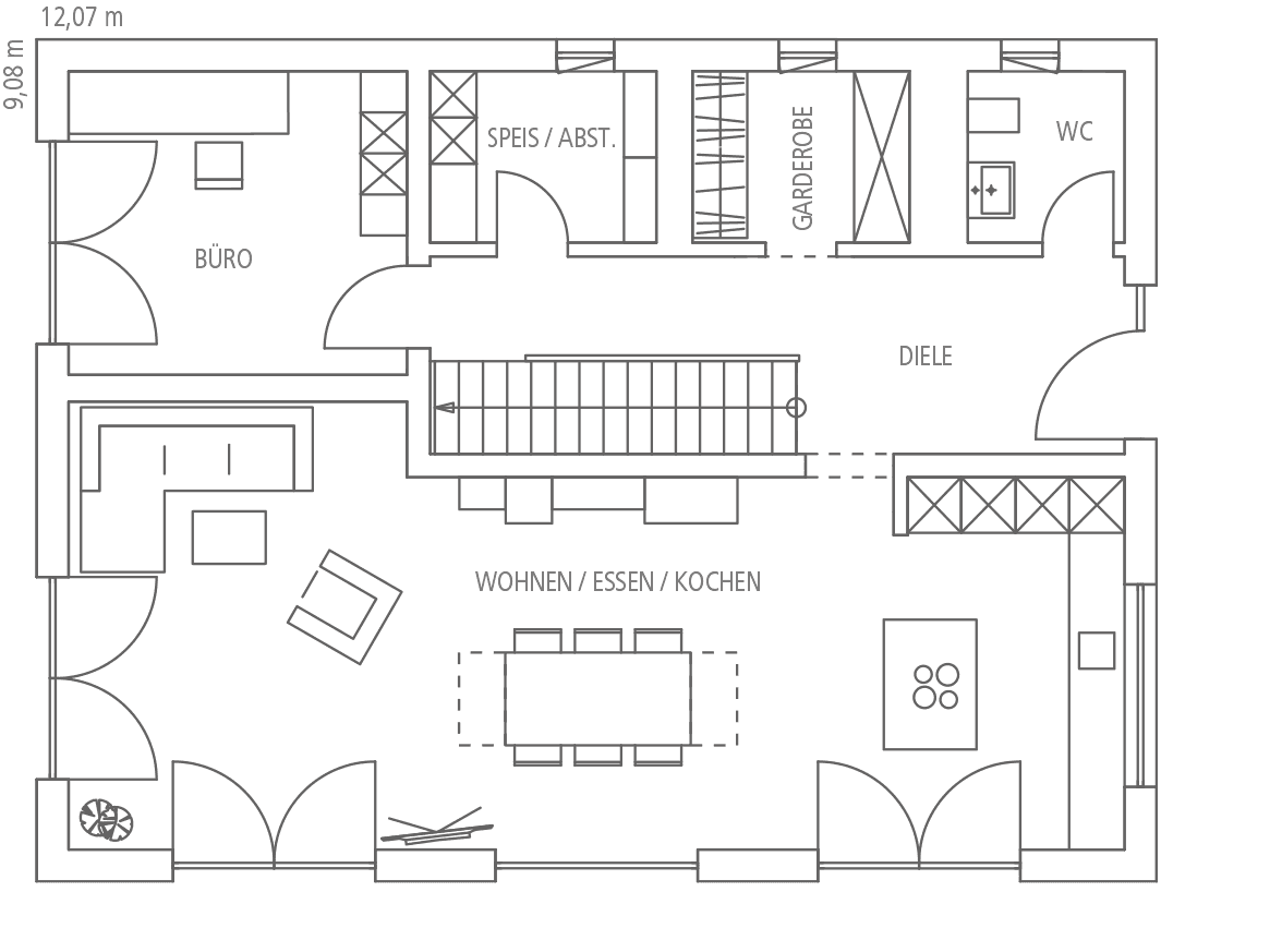Grundriss eines Hauses mit Bürobereich, Speisekammer, Garderobe, Wohn-/Ess-/Kochbereich, Diele und WC.