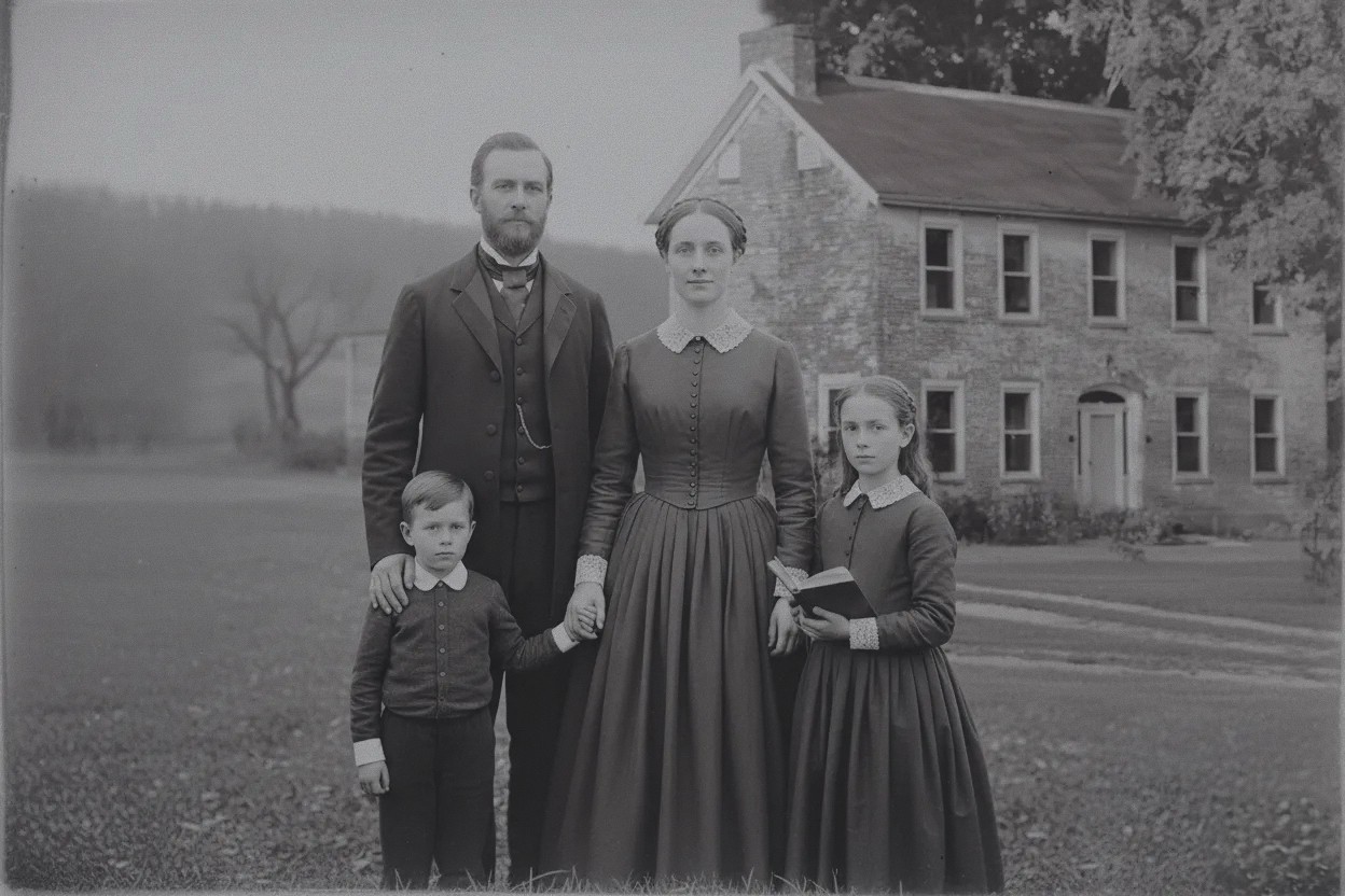 Portrait of a 19th century family in front of a stone house.
