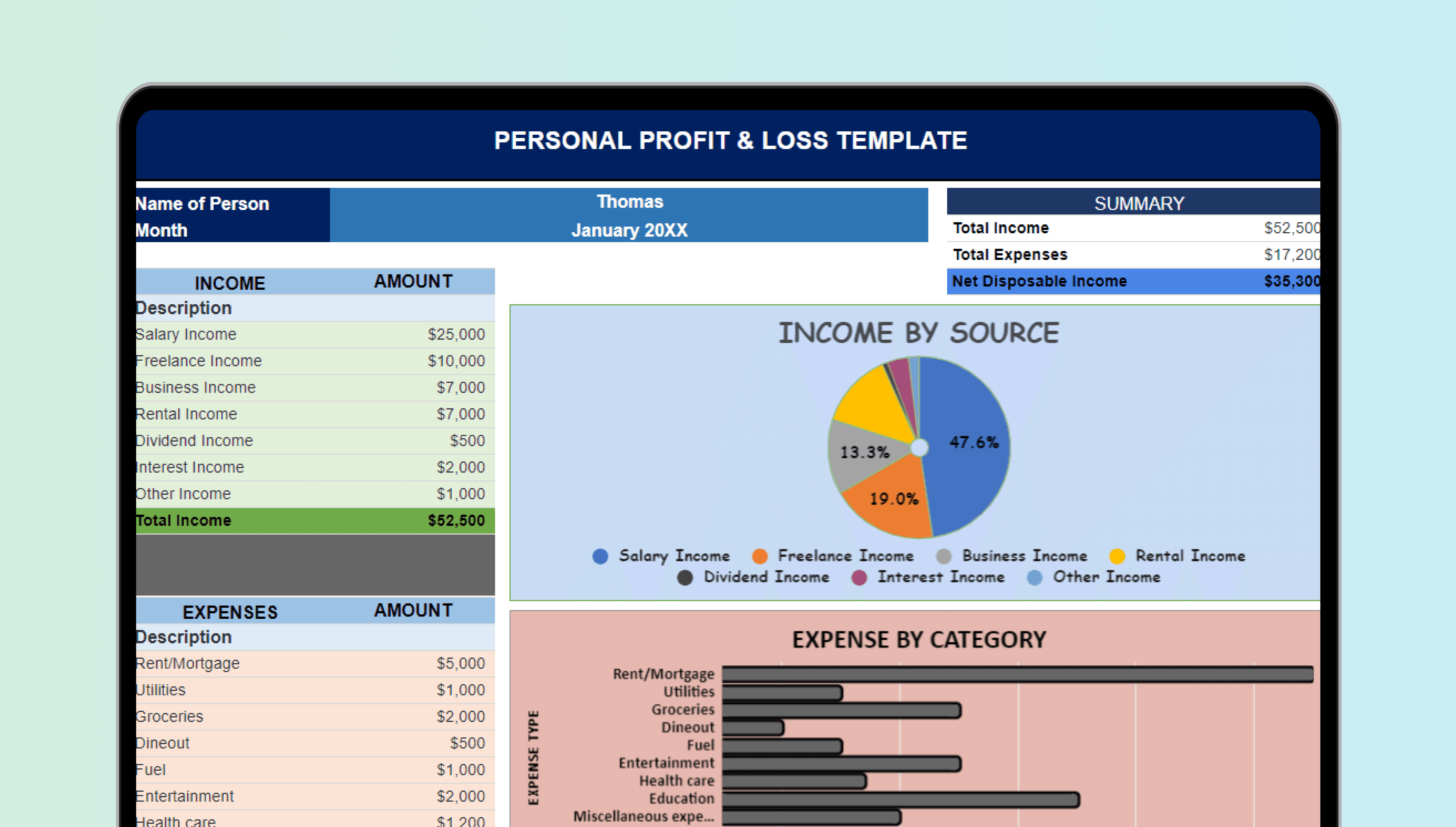 Personal Income Statement Excel template with detailed financial categories and calculations
