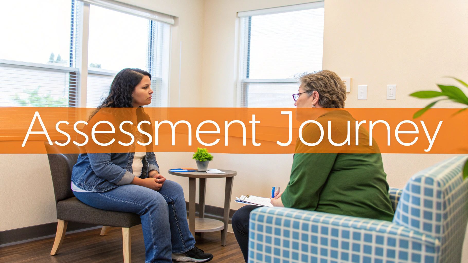 A compassionate healthcare professional discusses paperwork with a patient in a calm, supportive clinic environment.
