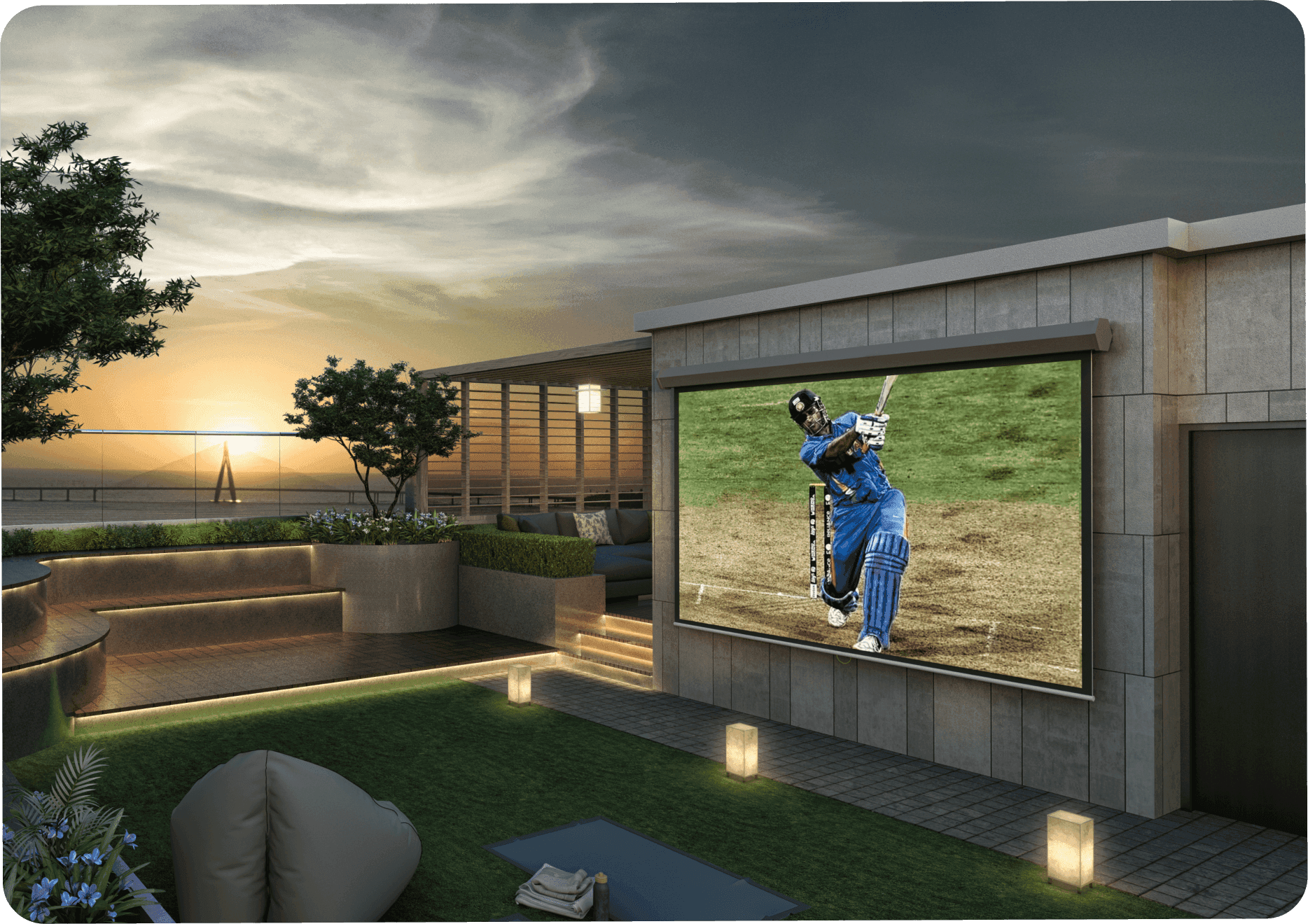 Wooden bench in sunlight with geometric shadows on floor.