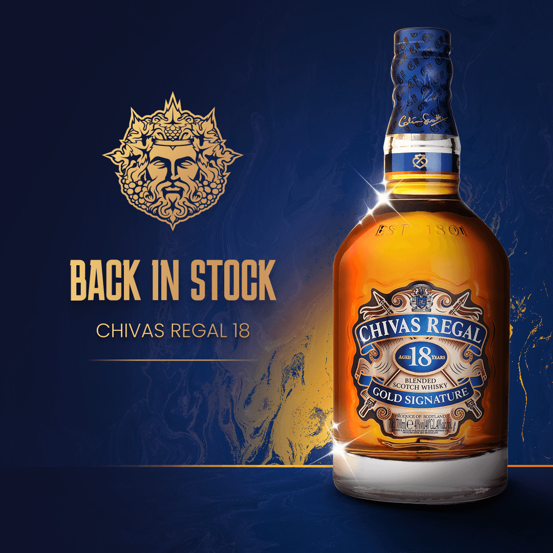 Chivas Regal 18 whisky bottle with luxury blue and gold branding design and Back in Stock promotional text.