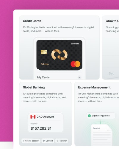 Financial services website displaying a credit card image and financial management tools.