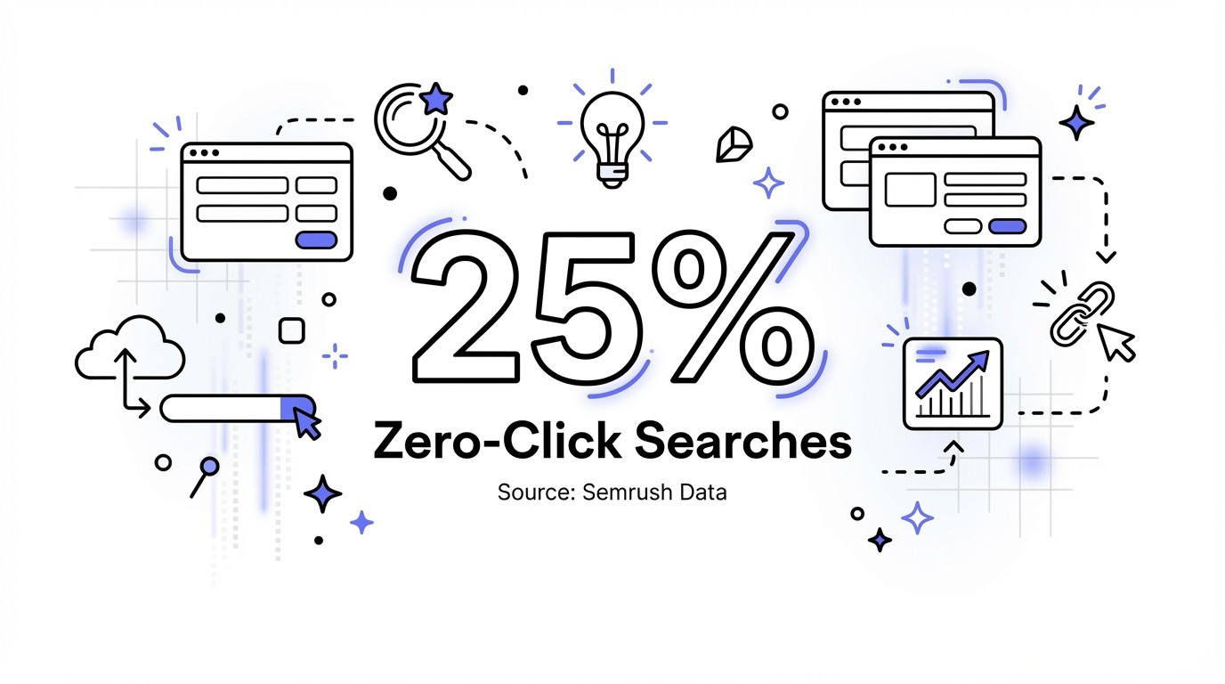 Infographic showing that 25% of searches are zero-click, according to Semrush data. The number '25%' is prominent.