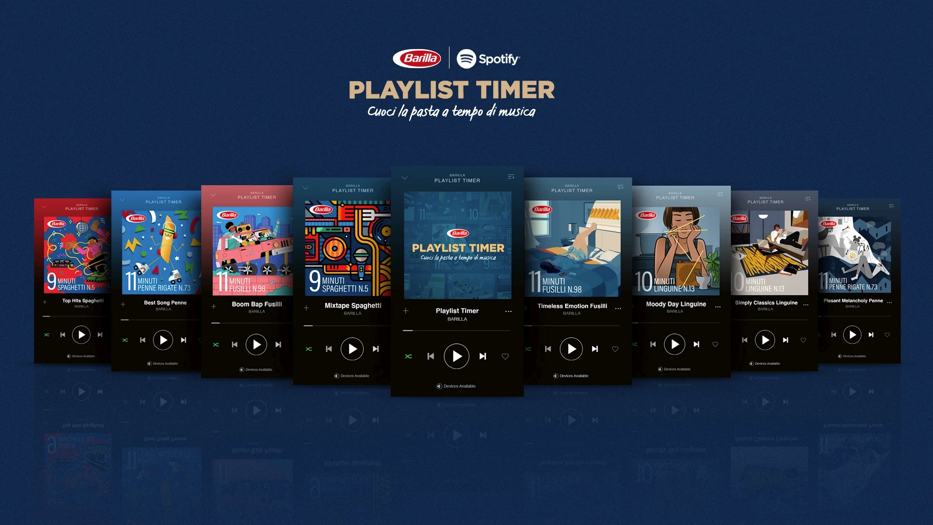 Barilla and Spotify Playlist Timer campaign header showing eight illustrated Spotify playlist covers timed to match pasta cooking durations, including Spaghetti, Fusilli, Penne and Linguine playlists on dark navy background