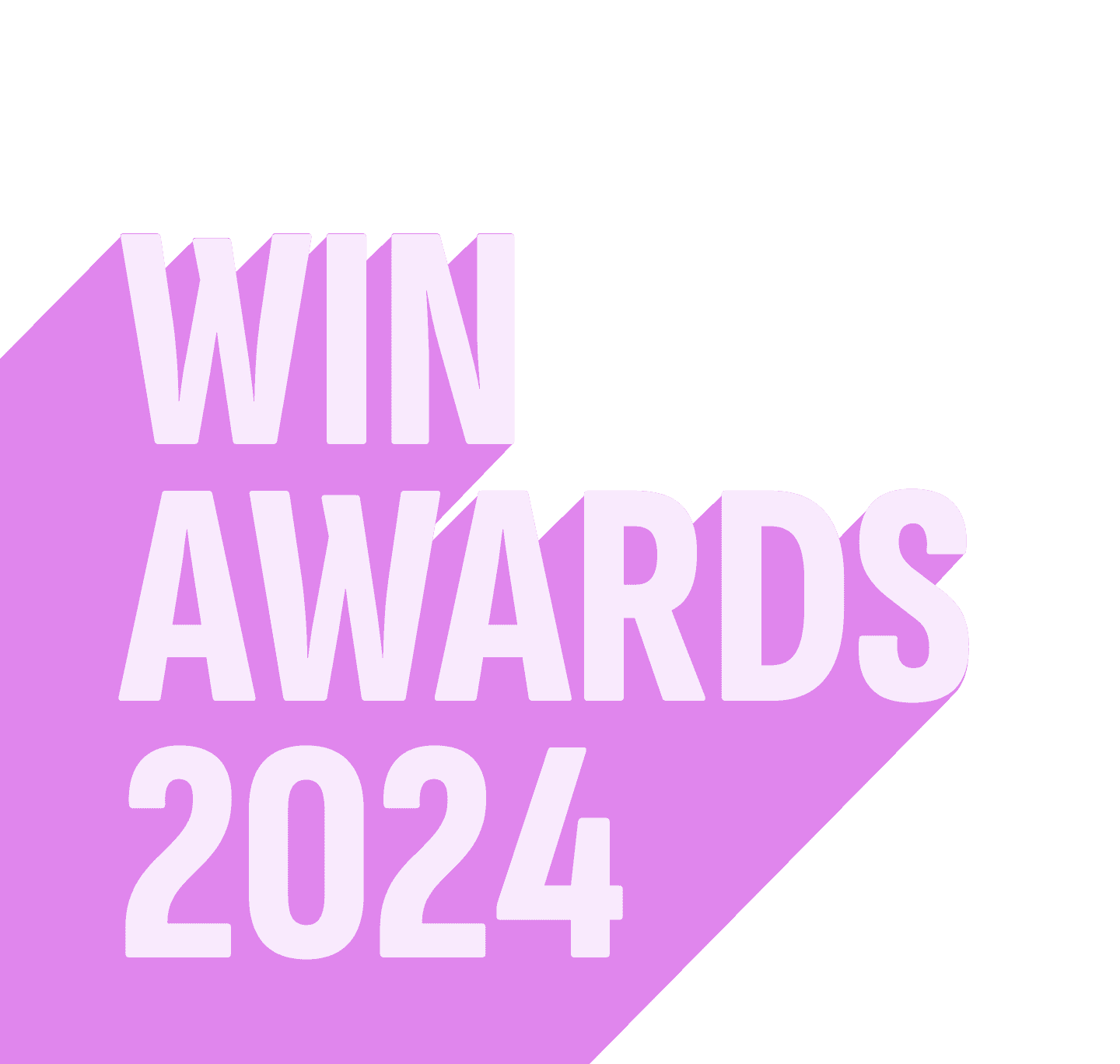 Logo for WIN Awards 2024, featuring bold text on a purple background with a diagonal design.