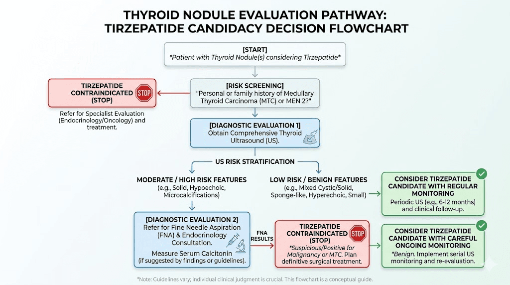 Decision flowchart for tirzepatide use with thyroid nodules