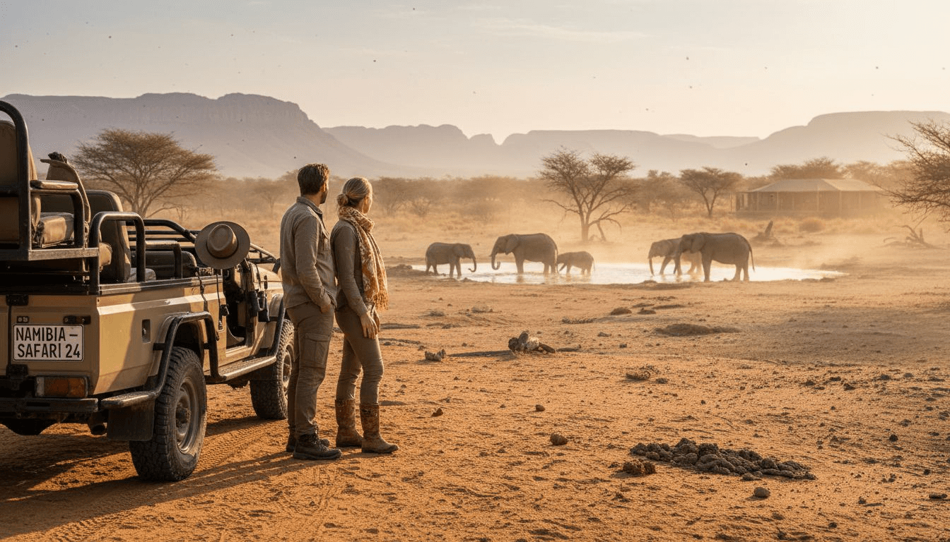 Couple arrives at remote Namibian waterhole