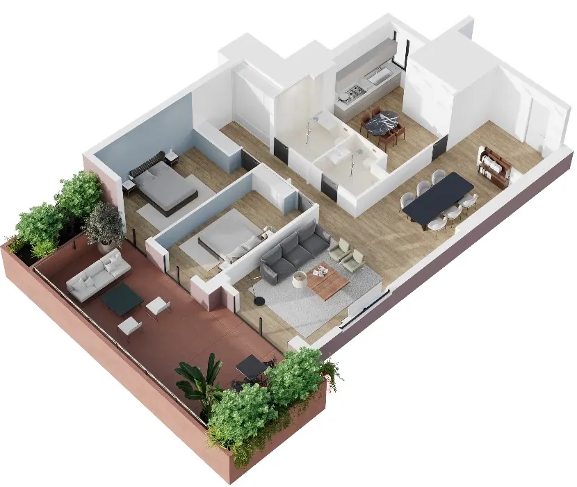 Elegant 2BR apartment with large outdoor terrace and open-concept living space.