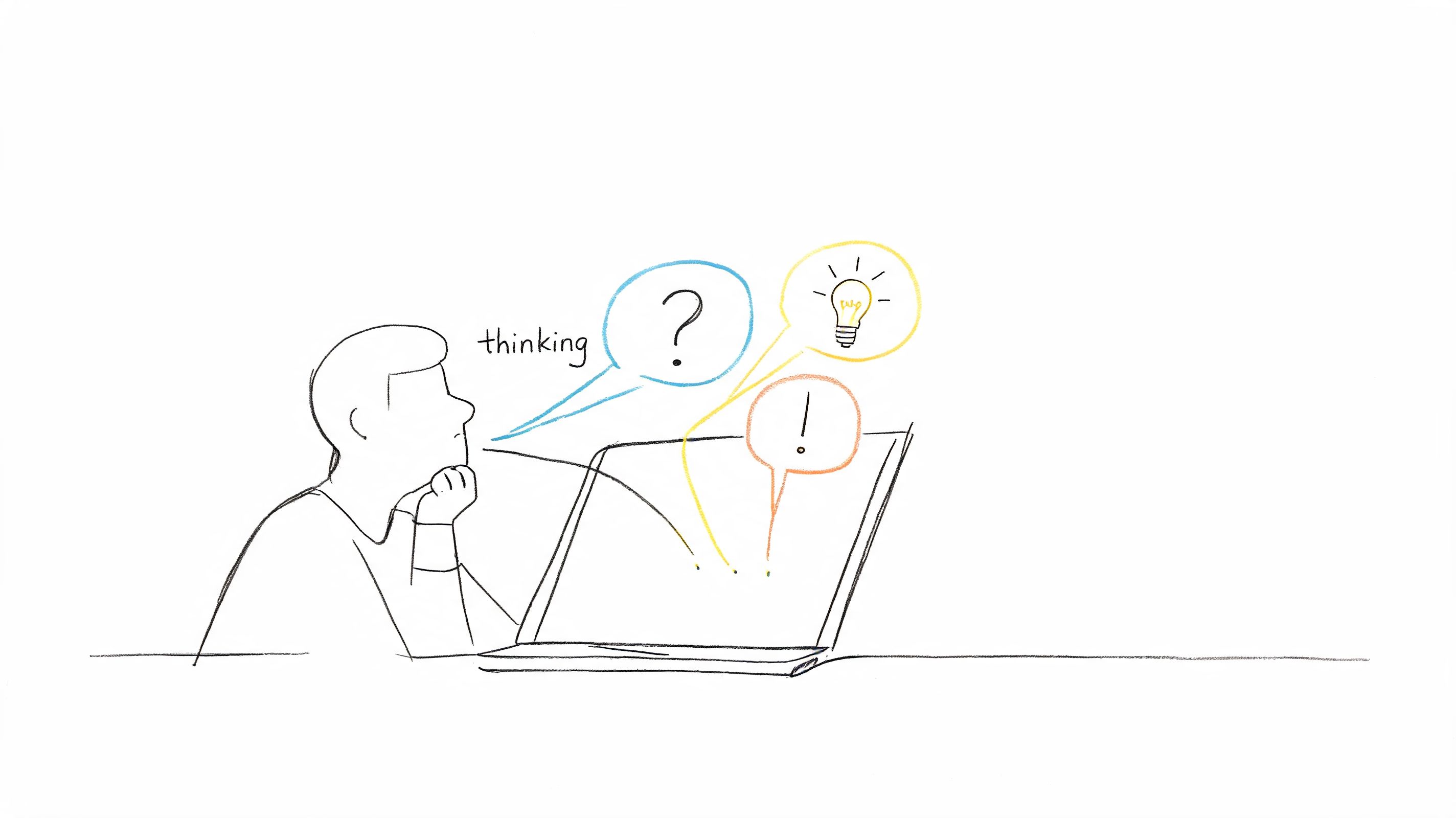 A hand-drawn sketch of a person sitting in front of a laptop thinking with speech bubbles.
