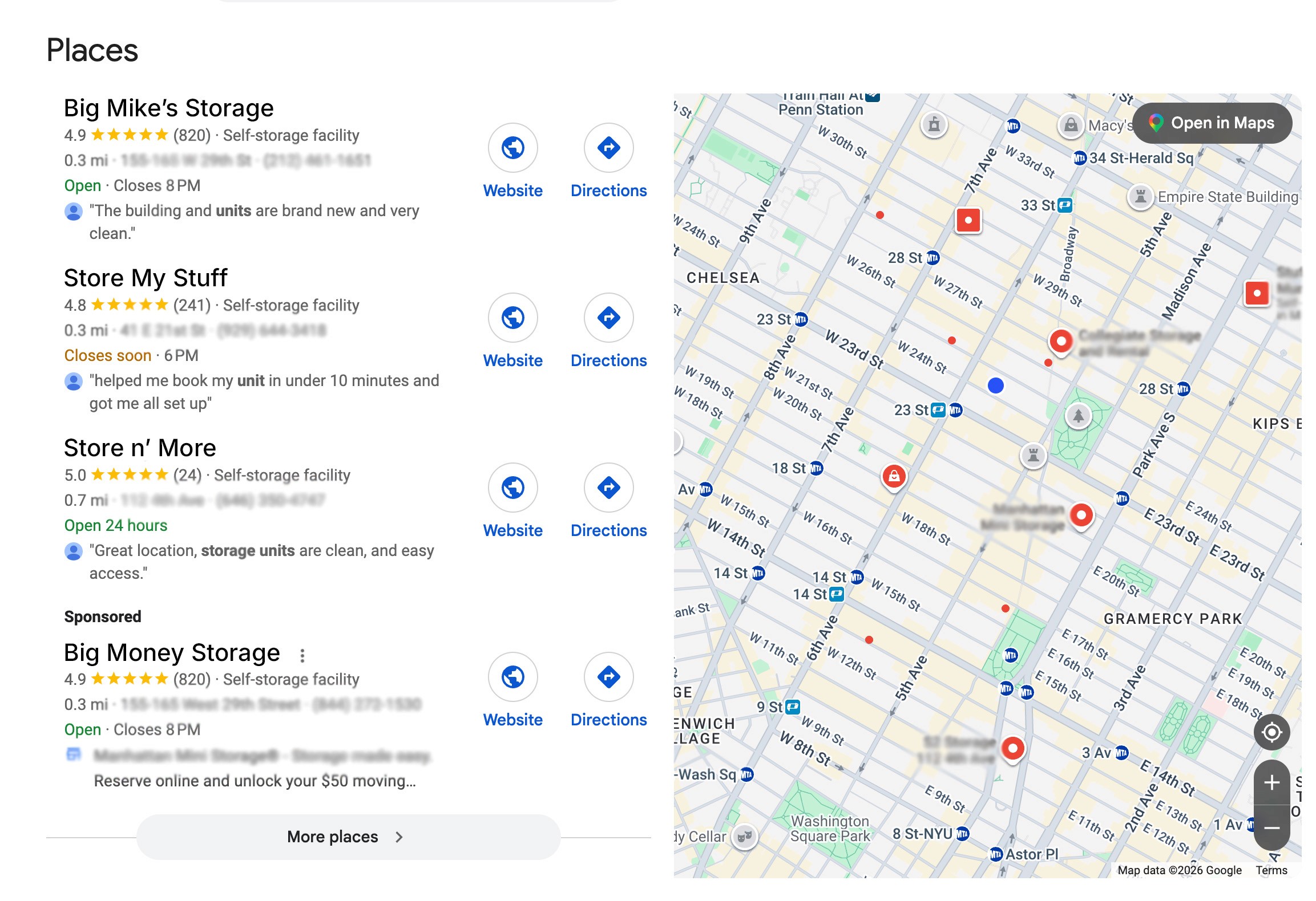 Sample google maps search result for "self storage near me"
