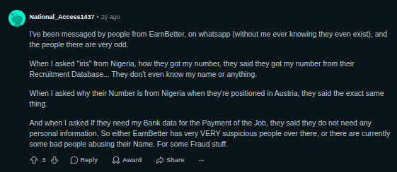 Reddit user describing WhatsApp messages from people claiming to be EarnBetter recruiters
