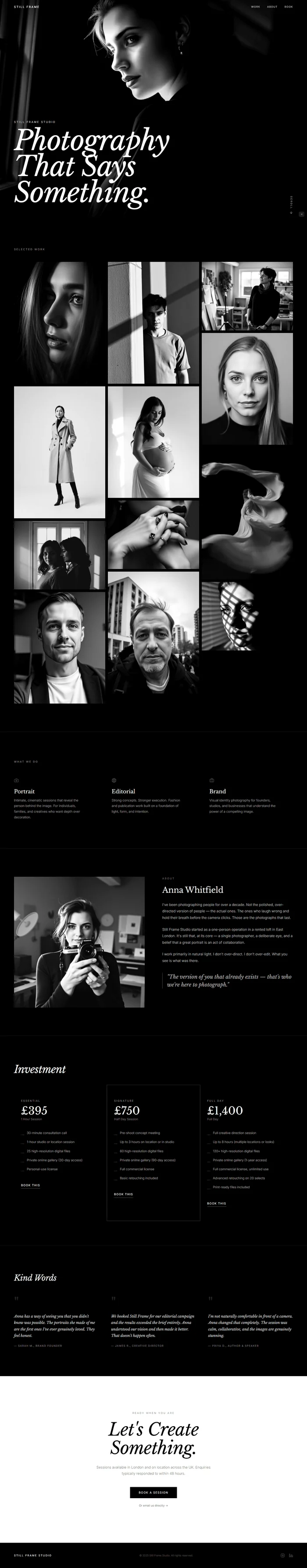 Full page photography studio website – editorial portrait hero, masonry gallery, pricing, booking CTA