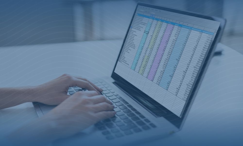 uma pessoa usando um computador trabalhando em uma planilha de rastreabilidade de suturas