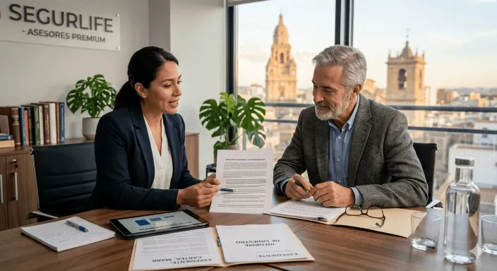 Agente de seguros local asesorando y defendiendo los intereses del cliente frente a la compañía aseguradora.