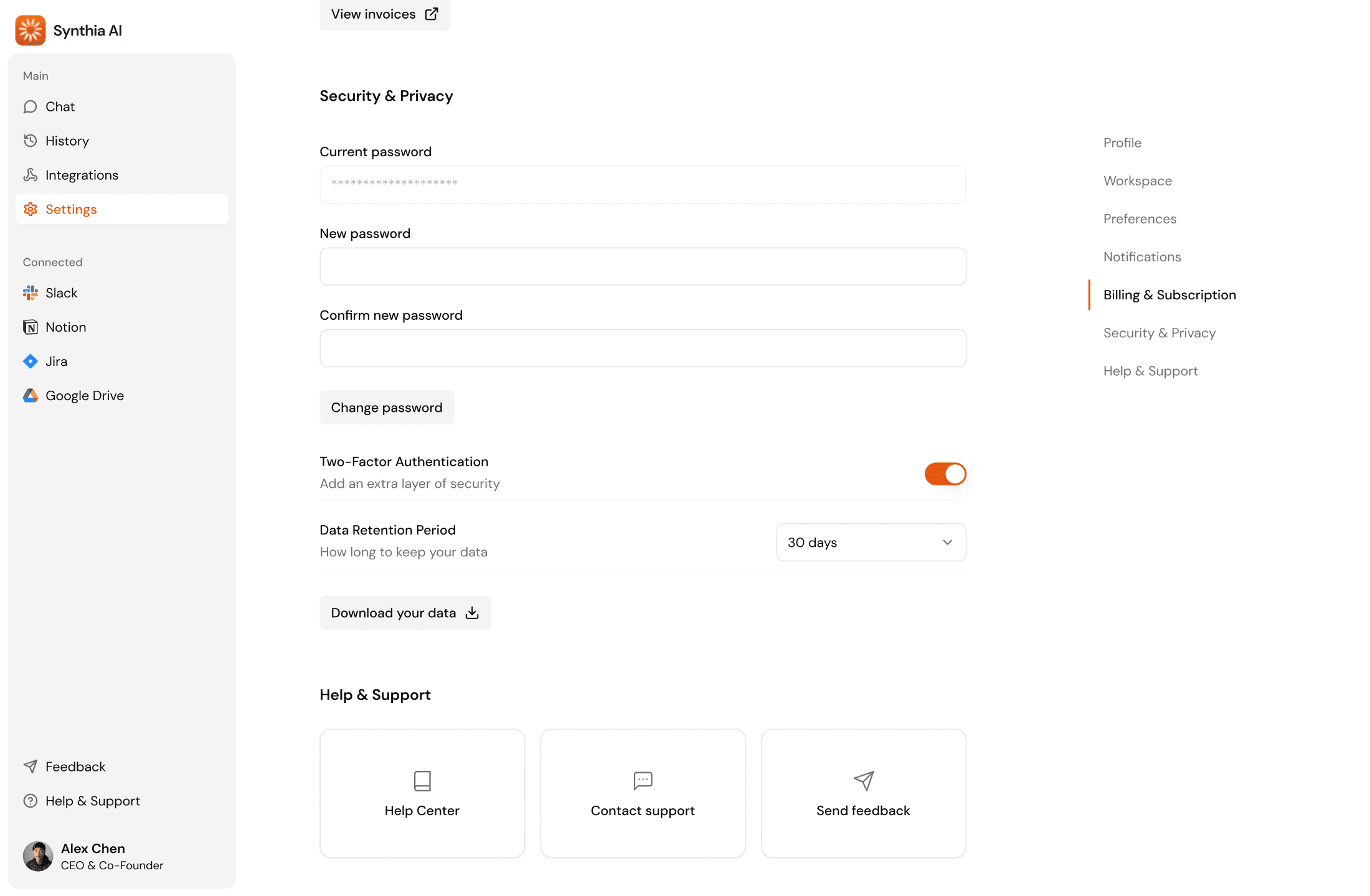 Security section showing password, 2FA, data retention, and help options