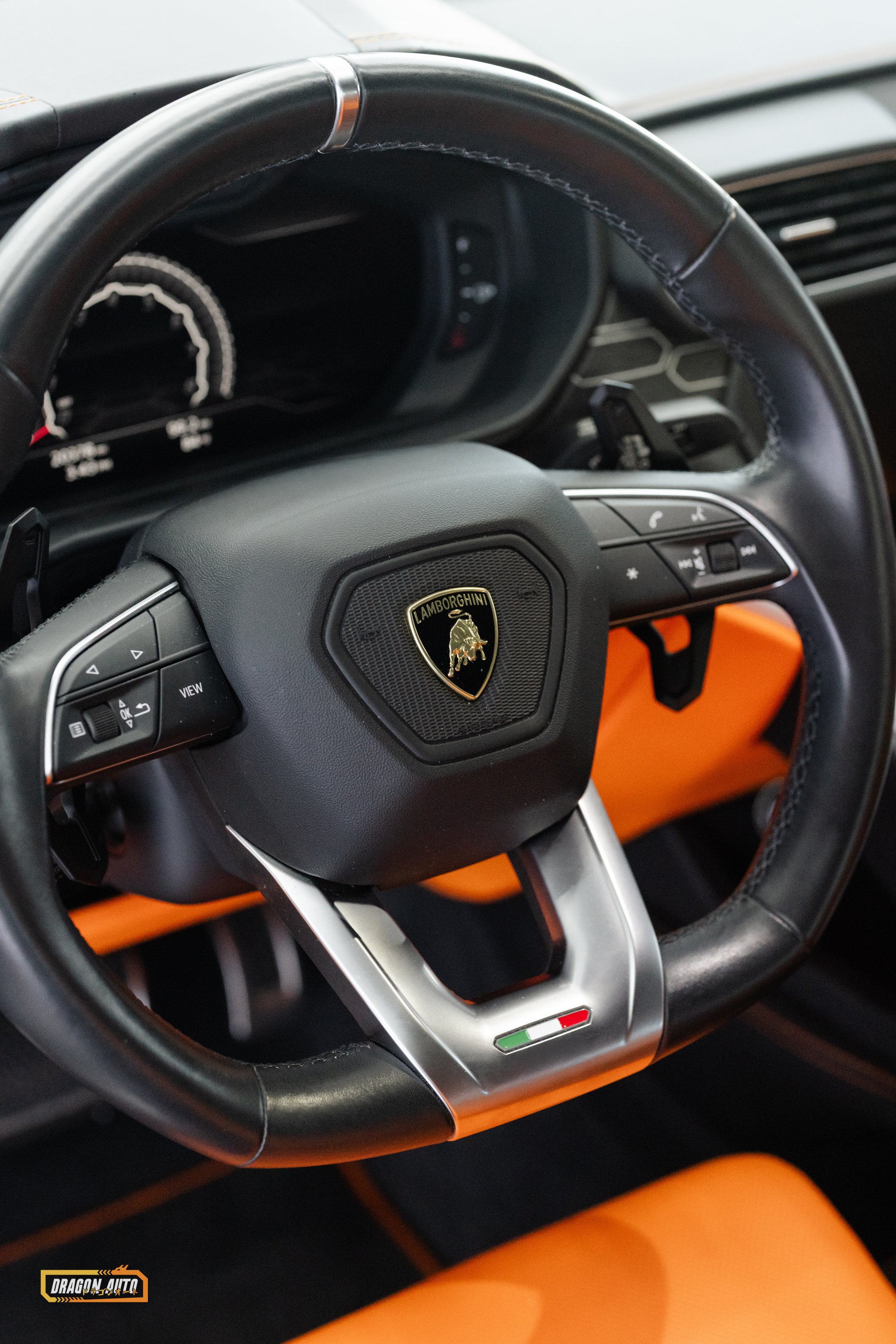Steering wheel with paddle shifters in a 2019 Lamborghini Urus, Dragon Auto Milpitas