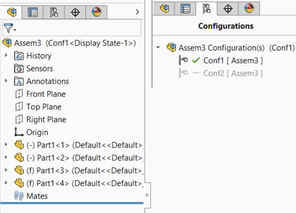 SolidWorks assembly FeatureManager tree showing multiple components, fixed parts, mates, and configurations.