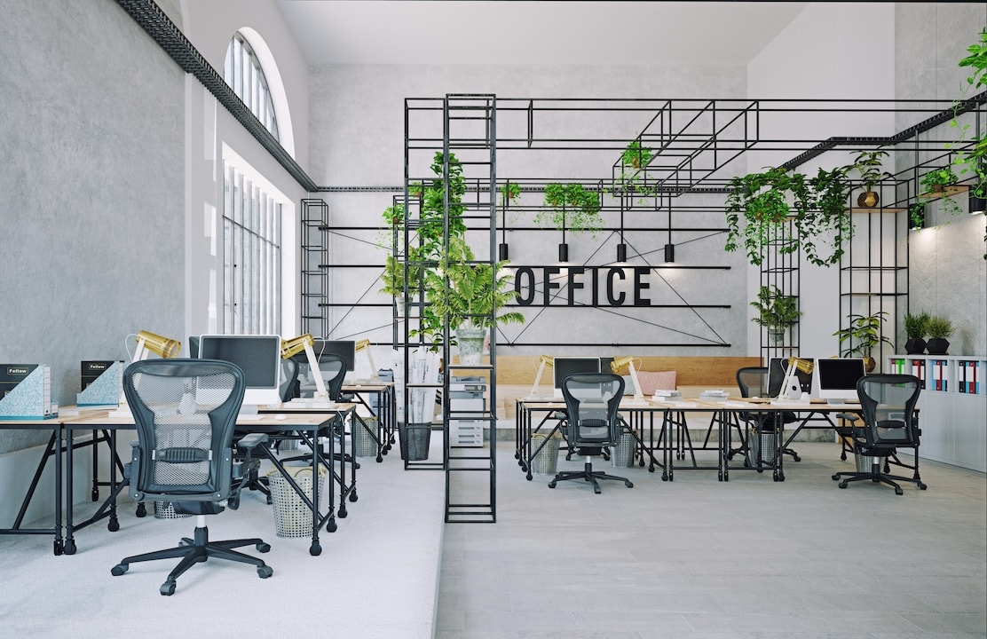 Clean, modern office with no employees.