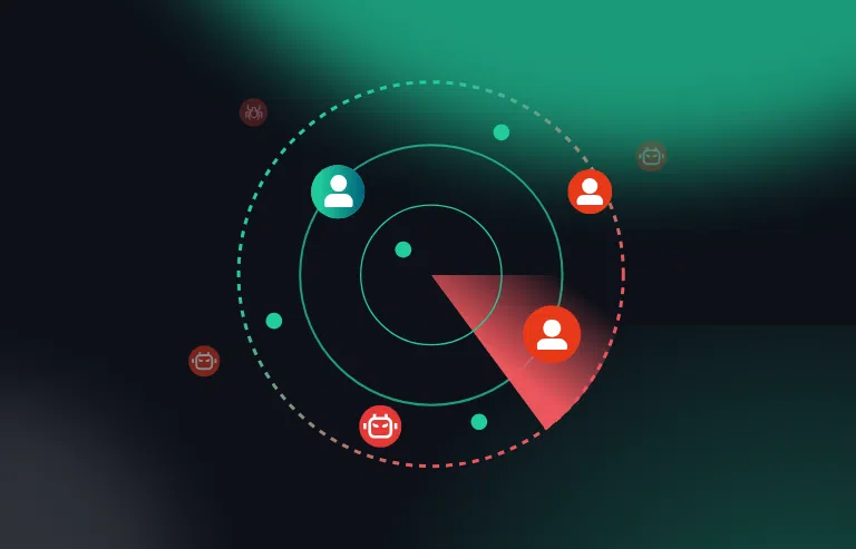Visualisierung eines Scanners, der auf einem dunklen Hintergrund mit grünen Elementen nach Betrügern und Bots sucht