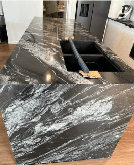Black Forest quartz kitchen island and backbench