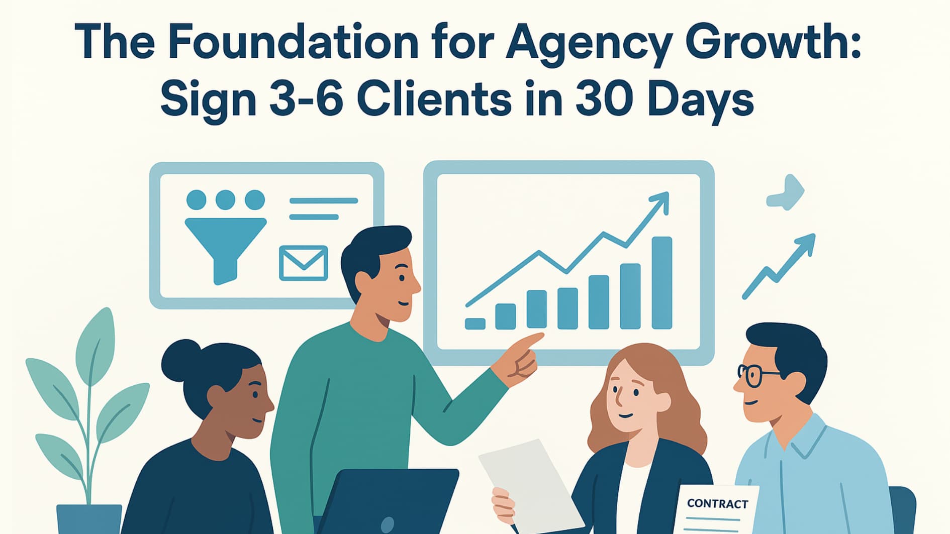 Diverse agency team collaborating over client dashboards and charts for The Foundation for Agency Growth