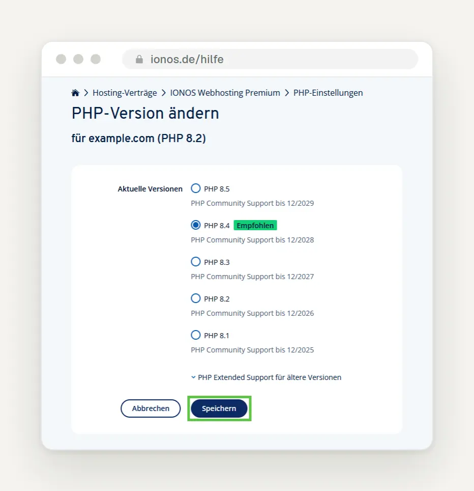 IONOS "Change PHP Version" dialog box: Branches 8.5 through 8.1; PHP 8.4 marked as "Recommended"