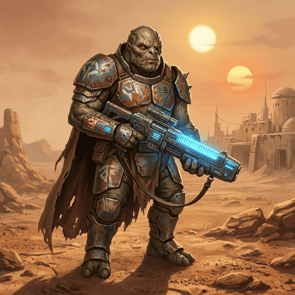 A rugged alien character in mismatched heavy armor, holding a plasma rifle, dusty cape, desert planet background, "Star Wars" inspired.