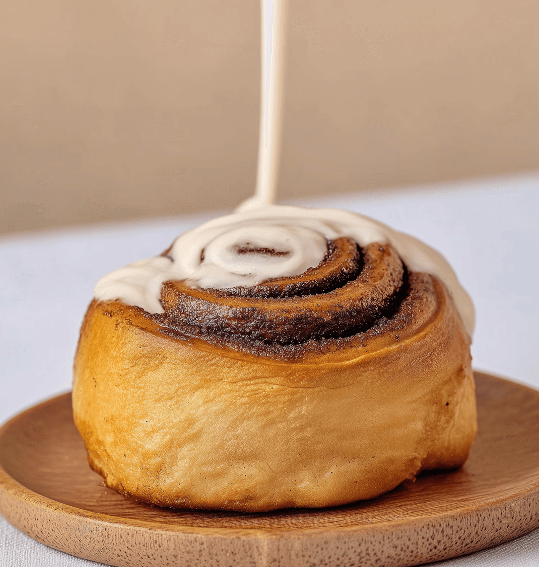 Close-up of a golden cinnamon roll on a wooden board
