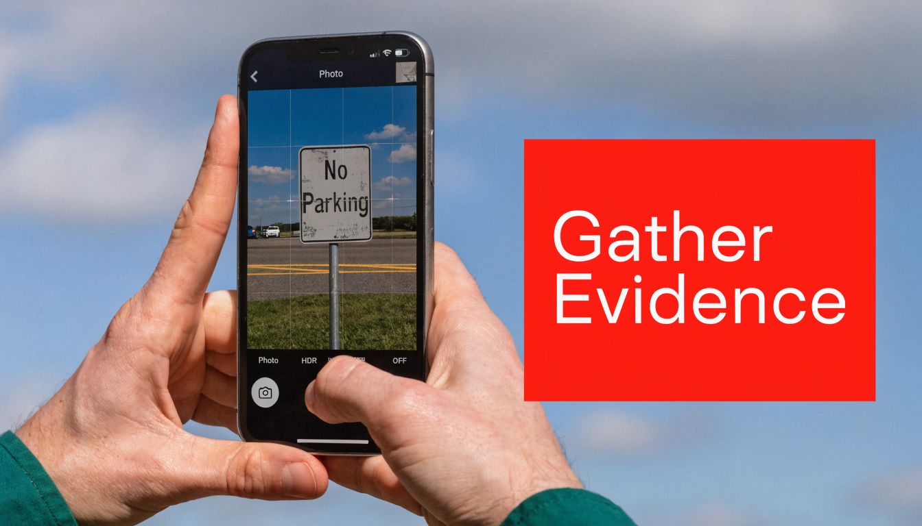 A person using a smartphone to capture evidence of a no parking sign for legal documentation.