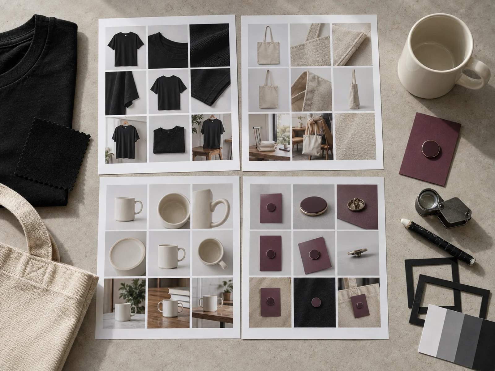 Overhead review table with contact sheets for a black shirt, canvas tote, ceramic mug and plum pin