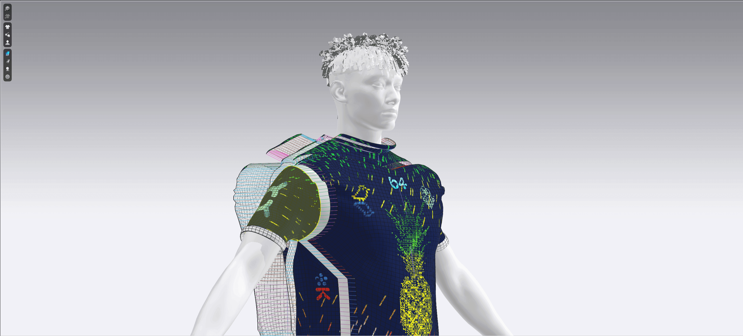 D rendered front and back view of a vibrant navy blue football jersey with pixel pineapple and number 04 design displayed against a colorful halftone dot map background with Archive PDF branding