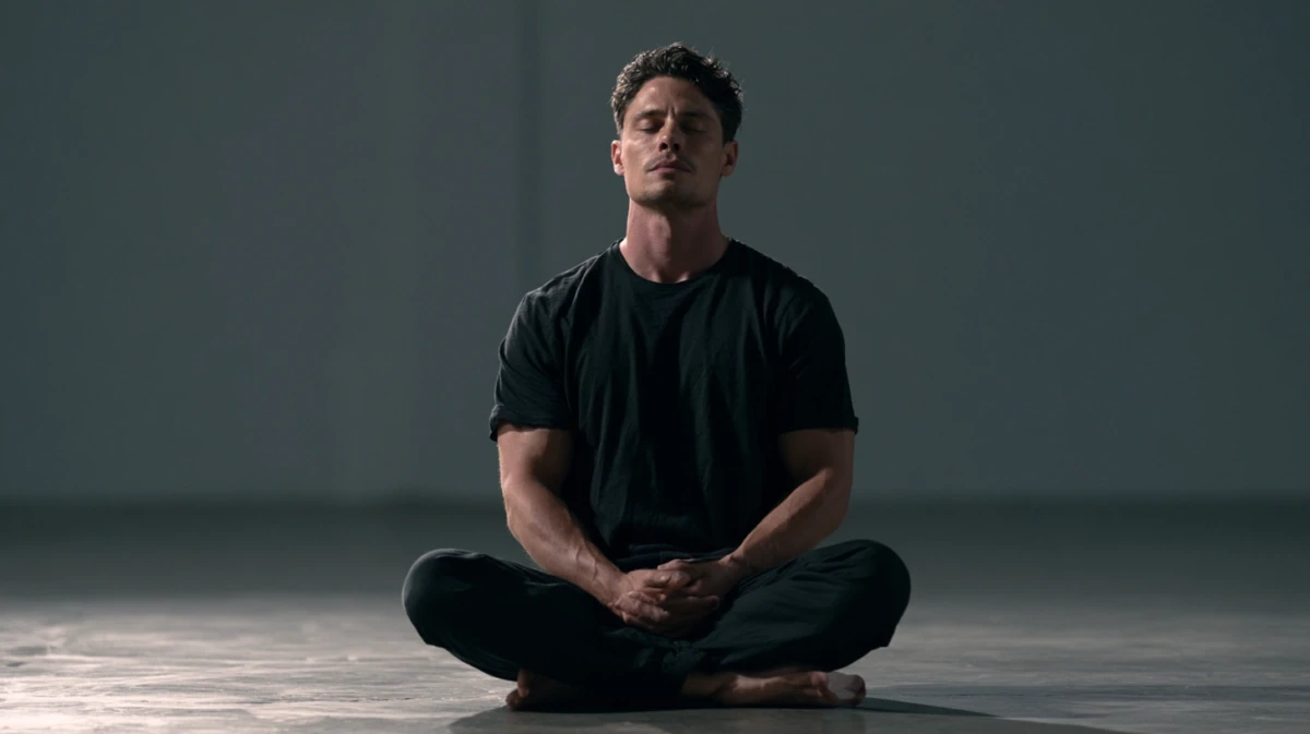 Man sitting upright on the floor with a hand on his ribs practising slow-exhale breathing