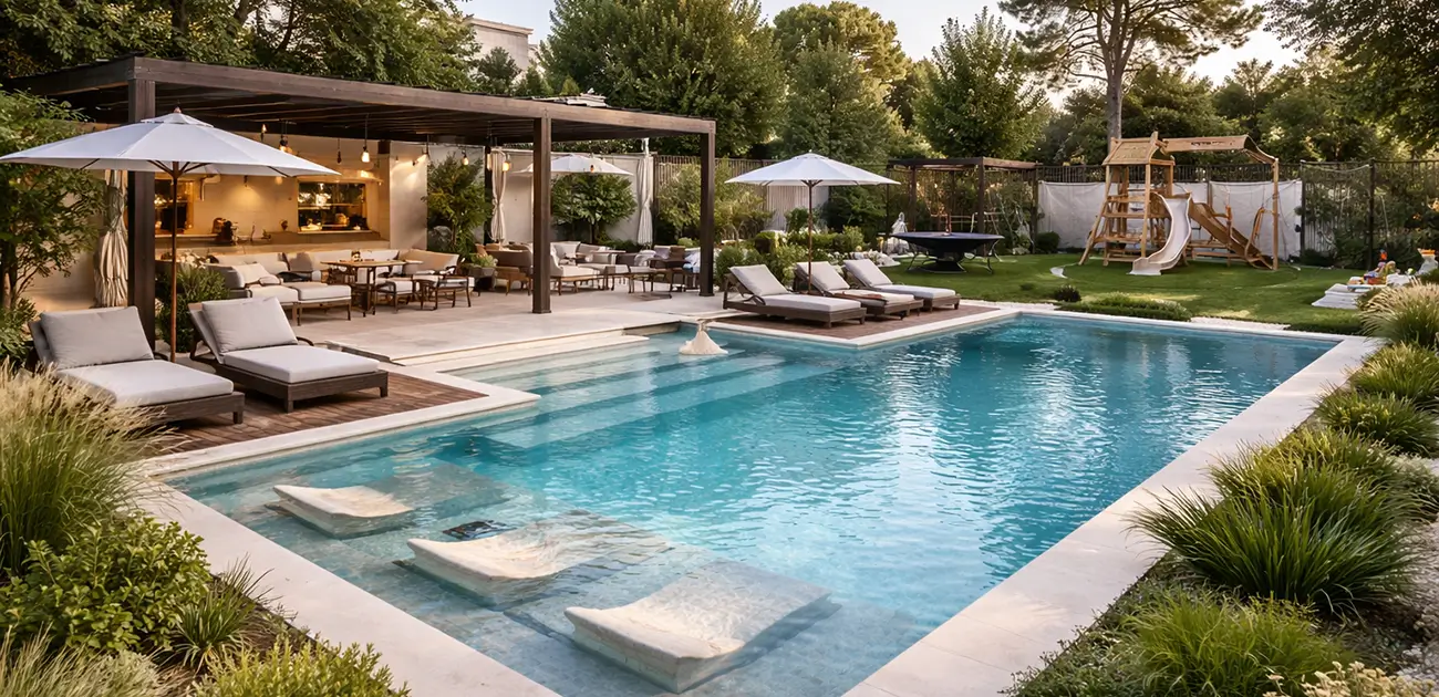 Πολυτελής ανακαίνιση εξωτερικών χώρων και αυλής με πισίνα, καθιστικά και παιδότοπο, σύγχρονος σχεδιασμός από τη Design Chama