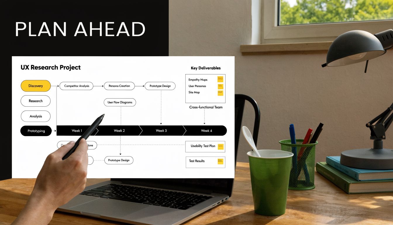 A hand using a digital pen to interact with a UX research project roadmap displayed on a laptop.